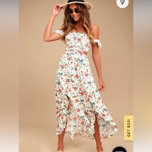 Easy on the Eyes Cream Floral Print Off-the-Shoulder Maxi Dress